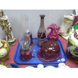 A Cranberry Bulbous Vase, with wavy frill rim, bell, decanter, oil lamp, posy bowl, (some with