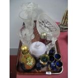 A Lilac Glass Jar and Cover, pyramid scent bottle, ruby glass sugar caster, etc:- One Tray