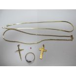 A 9ct Gold Necklace, cross pendants and another chain and a ring.