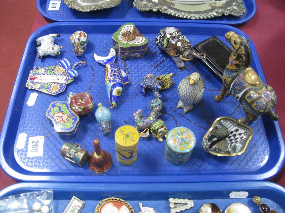 A Collection of Modern Cloisonné Decorative Ornaments, including articulated fish, thermometer,