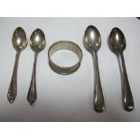 Hallmarked Silver Tea and Coffee Spoons, and a napkin ring. (5)