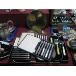 Three Sets of Six Hallmarked Silver Handled Tea Knives, in fitted cases, plated forks and spoons,