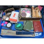 A Malachite Egg and Ashtray, coins, playing cards, fan, etc:- One Tray