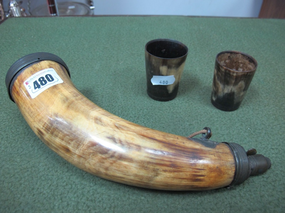 A XIX Century Horn Powder Flask, (inscribed "Edw Kilner Worksop" on base), together with two XIX