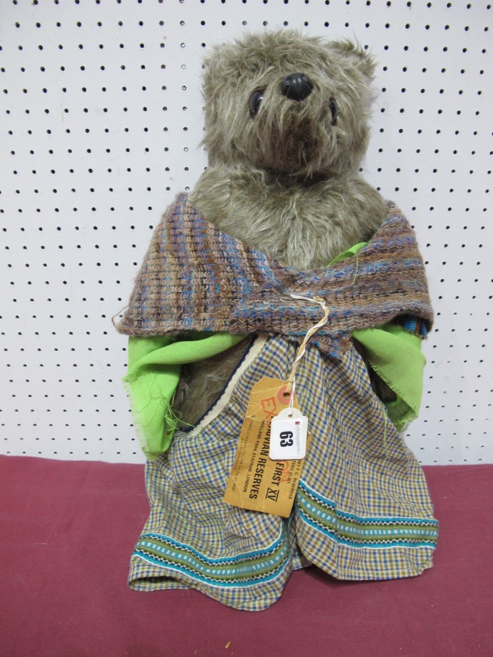 A Aunt Lucy "Paddington" Bear, circa late 1970's by Gabrielle, missing glasses and hat, rugby ticket