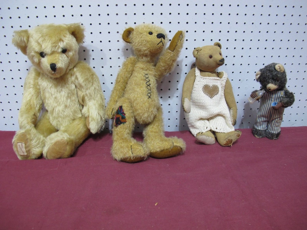 Three Modern Small Teddy Bears, and a Japanese circa 1960's wind up 'milk drinking' bear, well