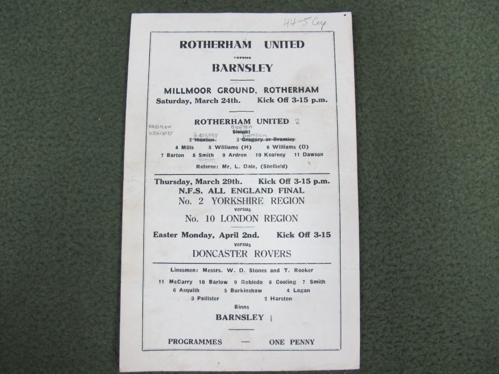 A 1944-5 Rotherham United v. Barnsley Cup? Programme, dated March 24th.