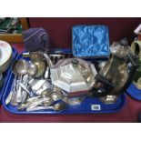 An Electroplated Teapot, hot water jug, Christening mug, loose cutlery, cased tea knives with mother