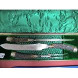 A Three Piece Horn Handled Carving Set, the blade stamped 'Bear Shaw & Co, Victoria Street,