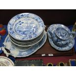 A Pair of 'City of Bennares' Meat Plates, teapot, Spode, Wedgwood and other blue and white pottery:-