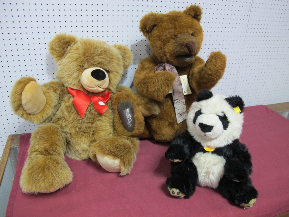 Three Modern Teddy Bears by Steiff and Gund, Steiff Manschili Panda, Steiff Bobby Bear, Gund Honey