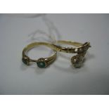 An 18ct Gold Two Stone Ring, circular collet set; together with another ring (stones missing). (2)