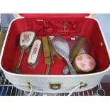 Hallmarked Silver and Embroidered Backed Hand Mirrors, brushes etc, contained in a ladies travel