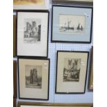 A.M. Elliott Moored Fishing Boats Etching, signed lower right and three cathedral prints. (4)