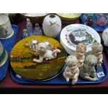 Two Royal Doulton Plates, eight Wedgwood 'Street Seller' plates, scent bottles, piano babies,