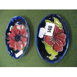 Two Oval Shaped Moorcroft Pin Dishes, Hibiscus and Anemone patterns, with impressed marks on base.