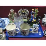 Four Reproduction Staffordshire Figures, fairing, two Wedgwood mugs by Richard Guyatt, glass