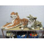 Two Large Modern Soft Toys, a tiger and a reindeer.