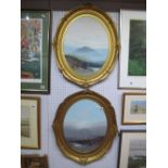 Lionel Holmes, Pair of Oval Watercolours, remote moorland scenes with distant sheep and mountains,