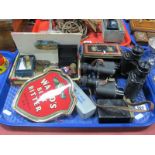 Coins, badges, binoculars, Wards beer pump sign, mouth organ, etc:- One Tray