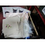 Embroidered Covers, gents 'county' shirts, picnic blanket, wicker basket, ladies shoes, jewellery