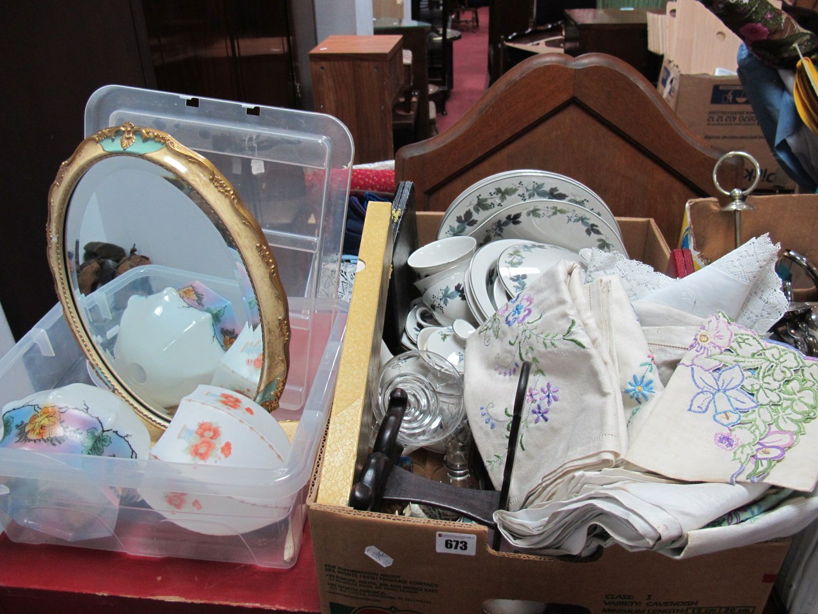 A Royal Doulton 'Burgundy' Dinner Ware, other china, glass, lien, etc mirror and two glass ceiling