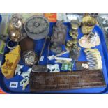 Brass Weights, crib board, plated watch, studs, Whimsies, etc:- One Tray