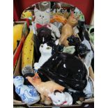 A Quantity of Novelty Cats, in pottery, wood, etc:- One Box and an oval wall mirror