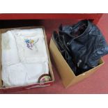 Christening Gowns, embroidered linen, ladies blue leather bikers jacket and boots, sheets, covers,