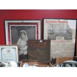 Four Signs, including a tinplate 'Castrol Oil' advert, a 1947 hand drawn certificate, a Zeebrugge