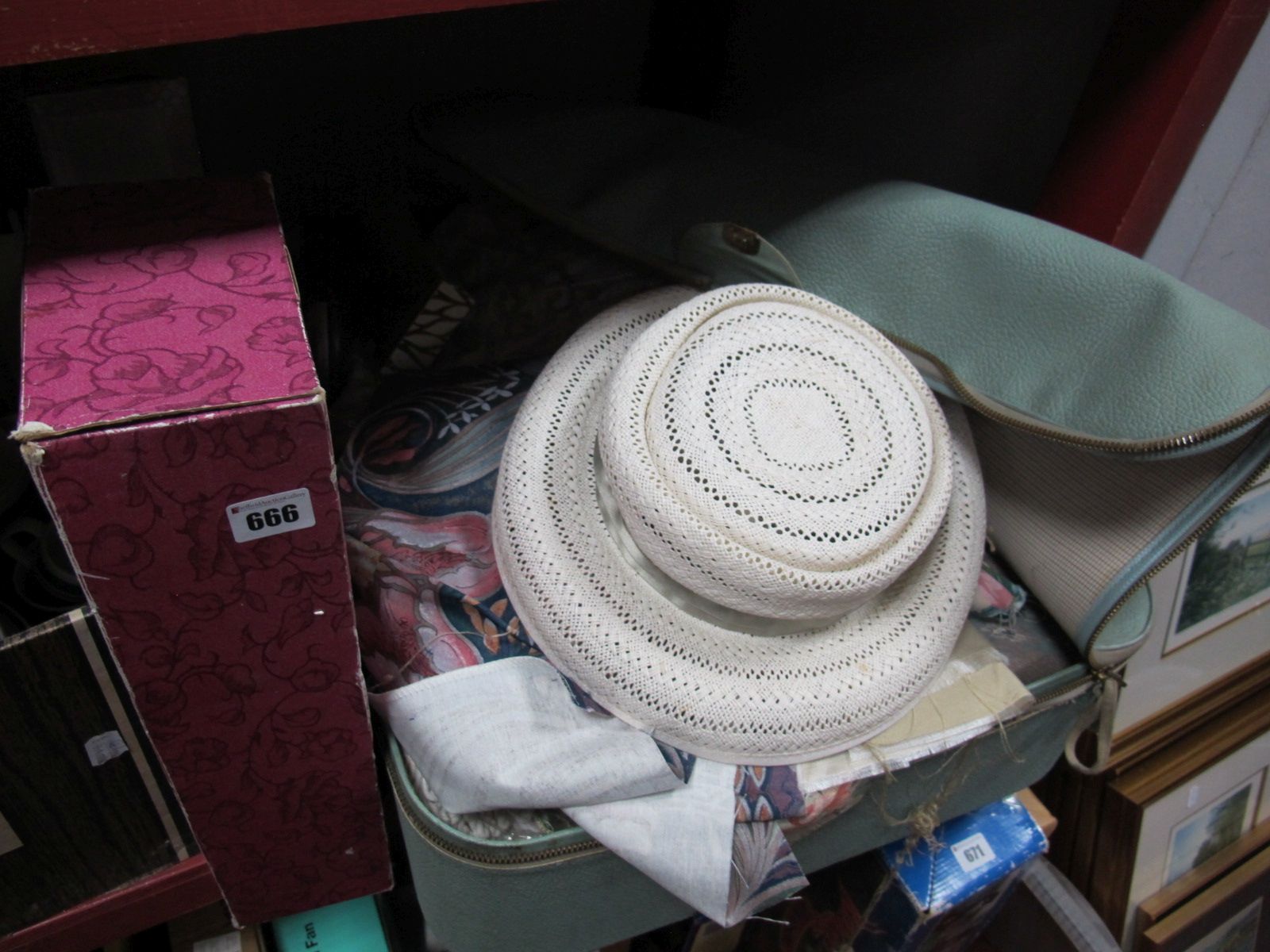 A Quantity of Fabric, material, ladies hat, etc, in case, together with dolls in boxes.
