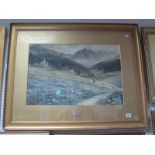 A Gilt Framed Colour Print of a Mountainous Scene, with track and wild flowers, with applied