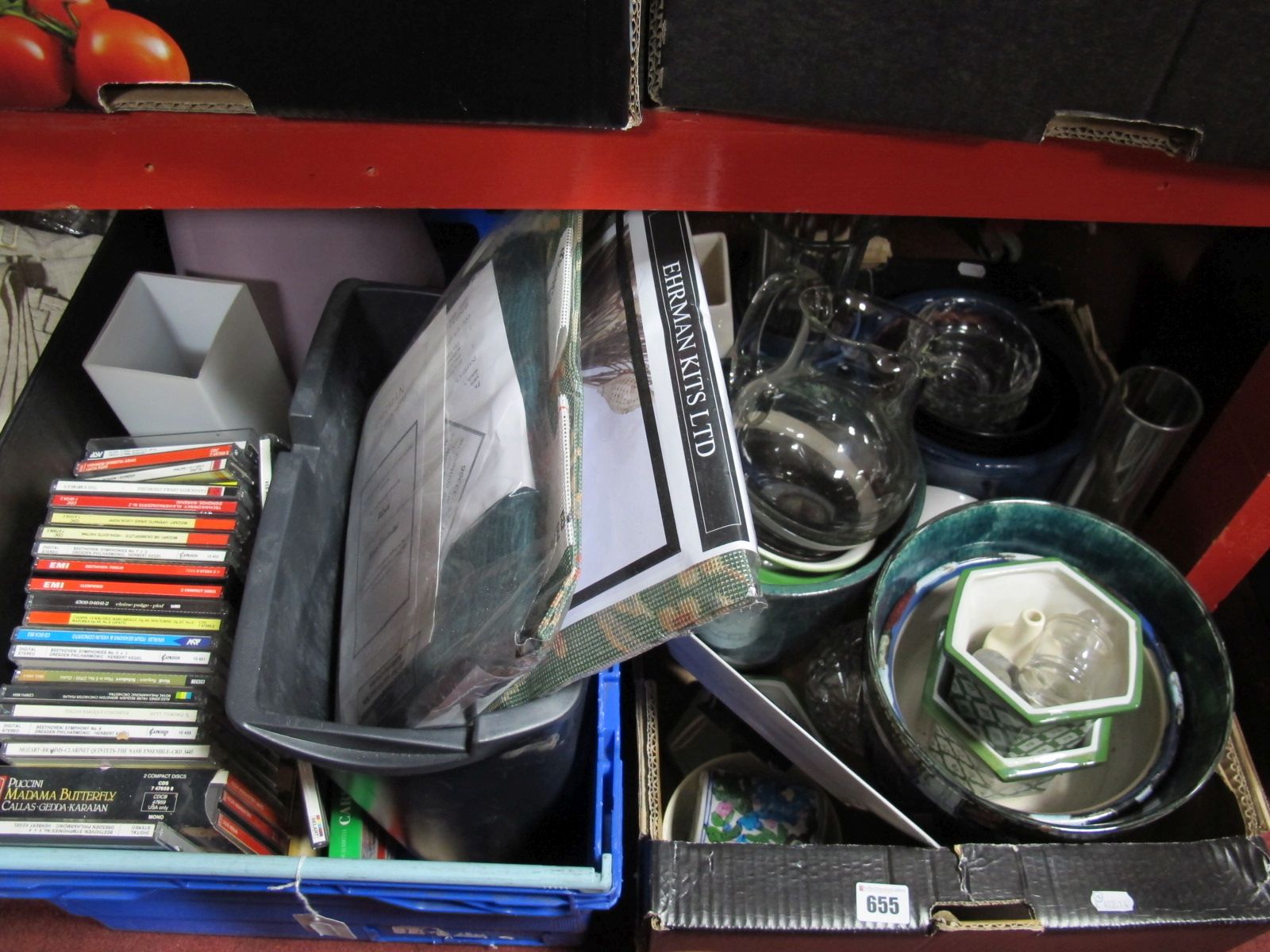 CD's, shredder, table lamp, board games, glazed pottery planters, glassware, etc:- Two Boxes