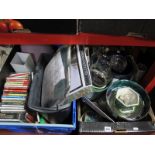 CD's, shredder, table lamp, board games, glazed pottery planters, glassware, etc:- Two Boxes