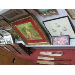 Three Large Oriental Fans, embroidered picture, two religious prints and three photographs.