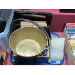 A Victorian Brass Jam Pan, trivet, photograph album, a tin security box, onyx book-ends:- One Tray