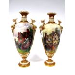 A Pair of Royal Worcester Porcelain Vases and Covers, (finials detached), of two handled extended