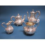 A Highly Decorative Silver Plated Four Piece Tea Set, each of baluster form, allover decorated in