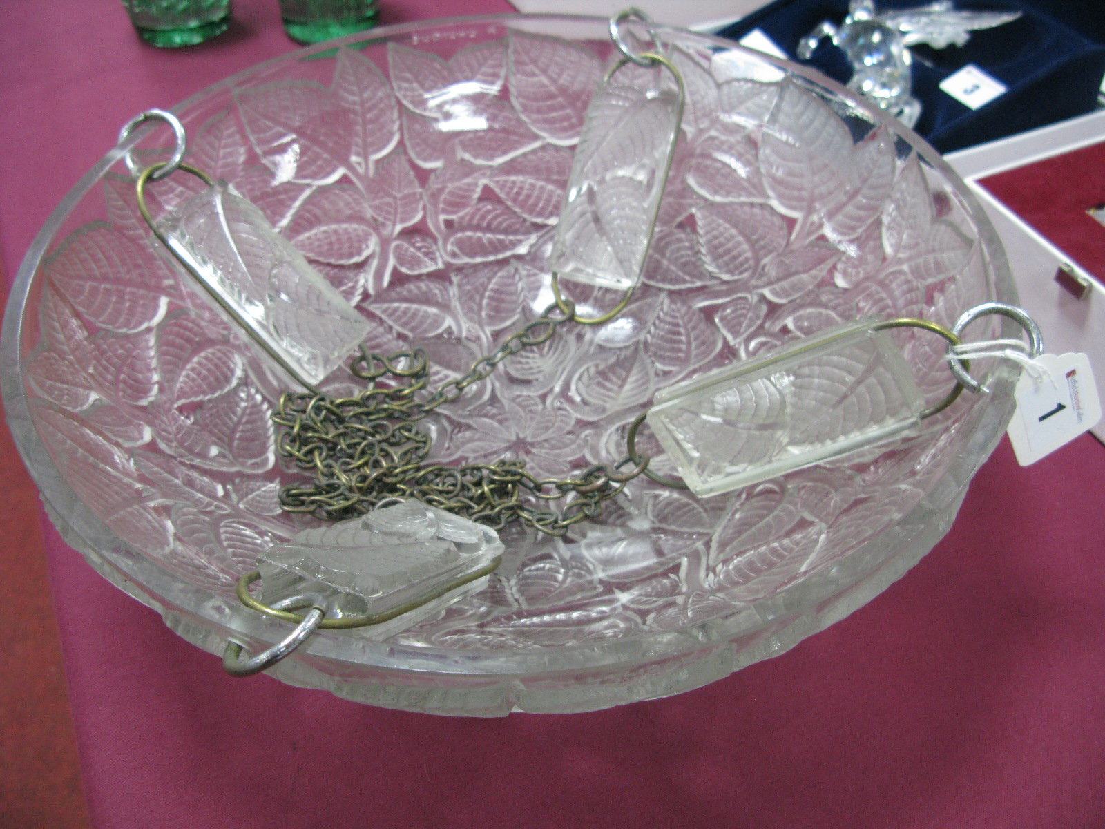 An Art Deco Lalique "Charmes" Clear and Frosted Glass Plafonnier, the chains with four hanging - Image 3 of 6