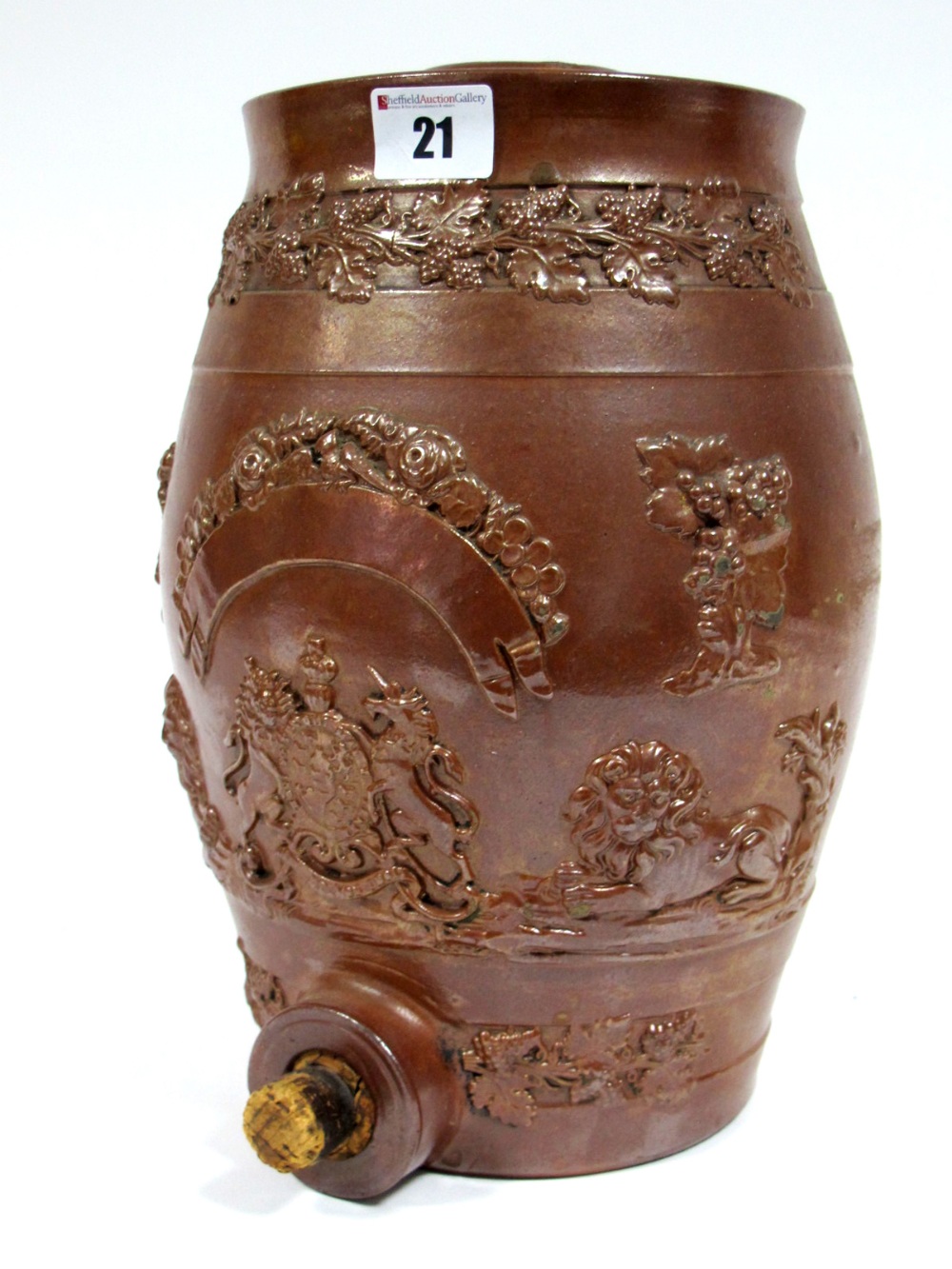 A Mid XIX Century Brampton Brown Salt Glazed Stoneware Barrel, applied with the Royal Crest below