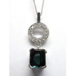 An 18ct White Gold Itatiaia Tourmaline and Diamond Set Drop Pendant, rectangular set, below circular