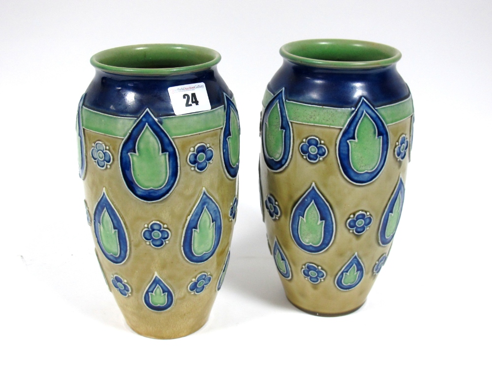 A Pair of Royal Doulton Stoneware Vases, designed by Florrie Jones, of slightly ovoid form, brown/