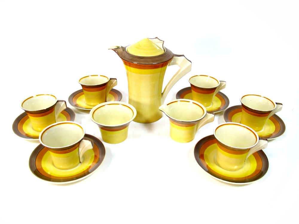 A Clarice Cliff Newport Pottery Coffee Service, in the 'Daffodil' shape, the cream grounds painted