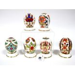 Six Royal Crown Derby Imari Porcelain Eggs, from the Eggs of the World series, Greece, Russia,