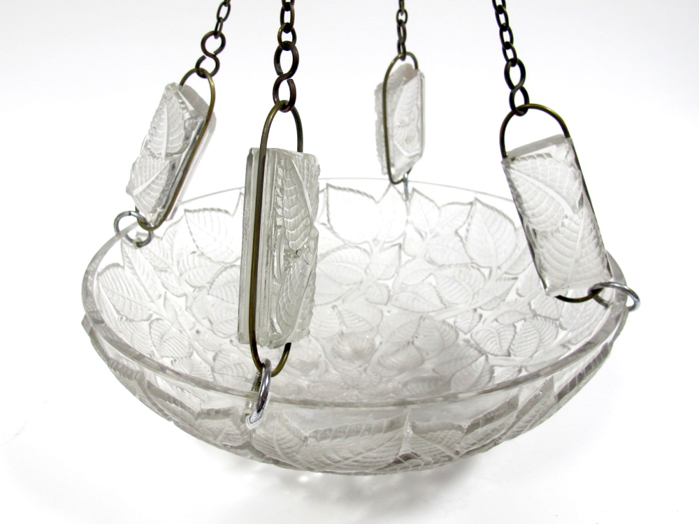 An Art Deco Lalique "Charmes" Clear and Frosted Glass Plafonnier, the chains with four hanging