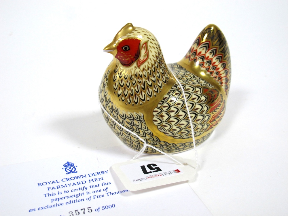 A Royal Crown Derby Porcelain Paperweight Modelled as a Farmyard Hen, limited edition No. 3575/5000,