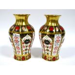 A Pair of Royal Crown Derby Porcelain Old Imari 1128 Vases, of lobed baluster form, printed marks,