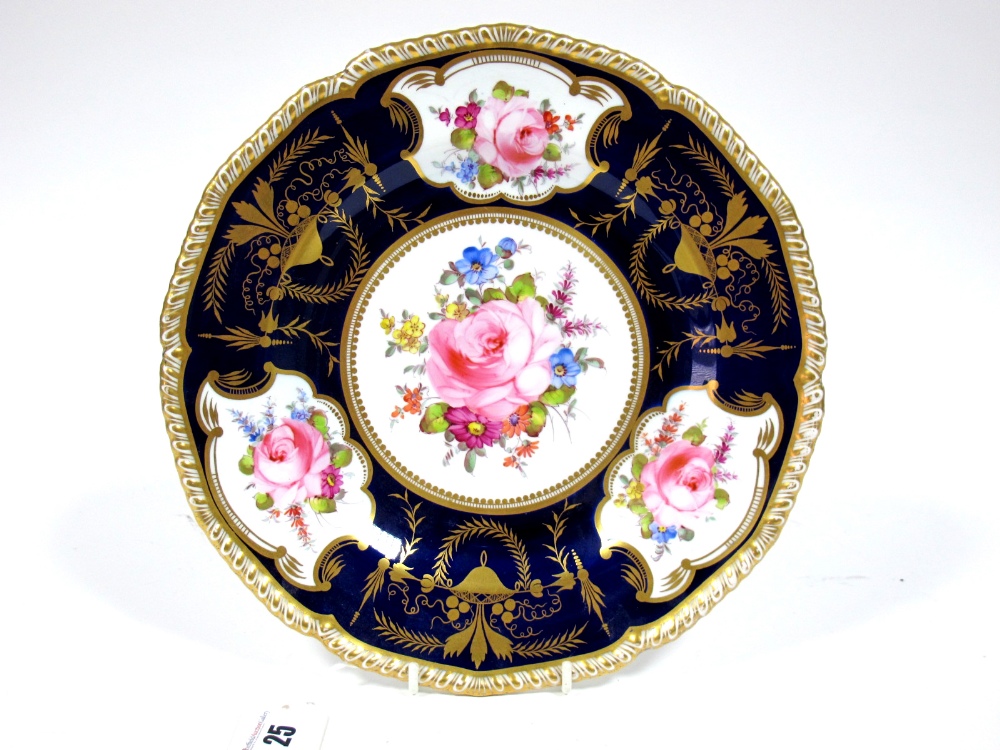 A Royal Crown Derby Porcelain Plate, painted in panels with sprays of summer flowers within a gilt