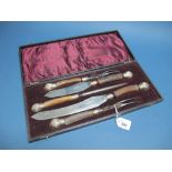 A XIX Century James Deakin & Sons Five Piece Carving Set, each horn handle with leaf capped