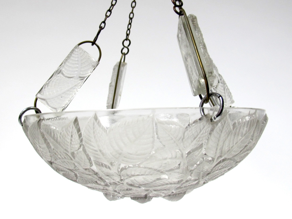 An Art Deco Lalique "Charmes" Clear and Frosted Glass Plafonnier, the chains with four hanging - Image 2 of 6